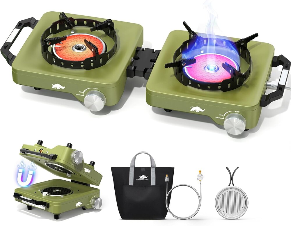 2 Propane Burners Camping Stove, 30,000 BTU Folding Camp Stove with Windproof Grates and Frying Pan, Portable Camping Stoves with Carrying Bag, Camping Essentials for Tailgating/Grilling/Coffee, Green