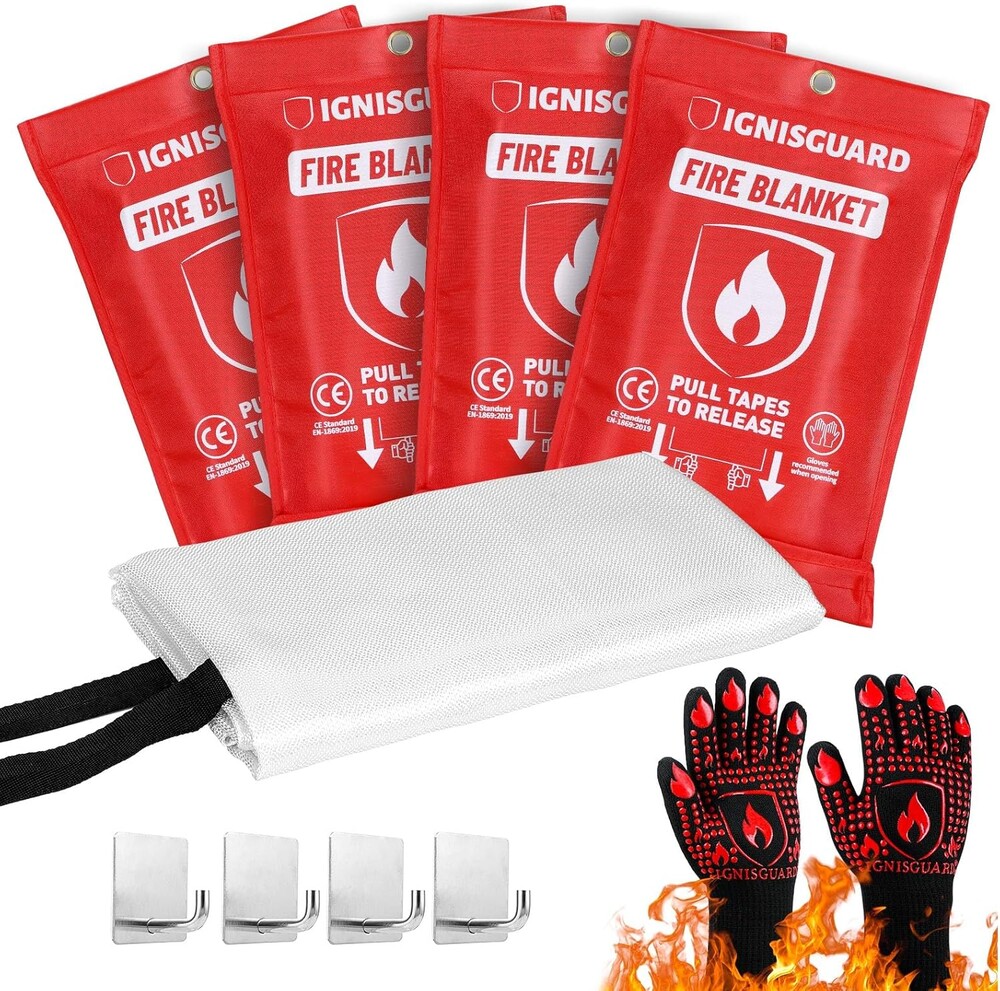 Fire Blankets 4 Pack, 40x40in with 1 Pair Fire Resistant Gloves & 4 Hooks, Fiberglass Fire Blankets Emergency for Home and Kitchen, Suppressant for Grease & Electrical Fires, RV, Camping