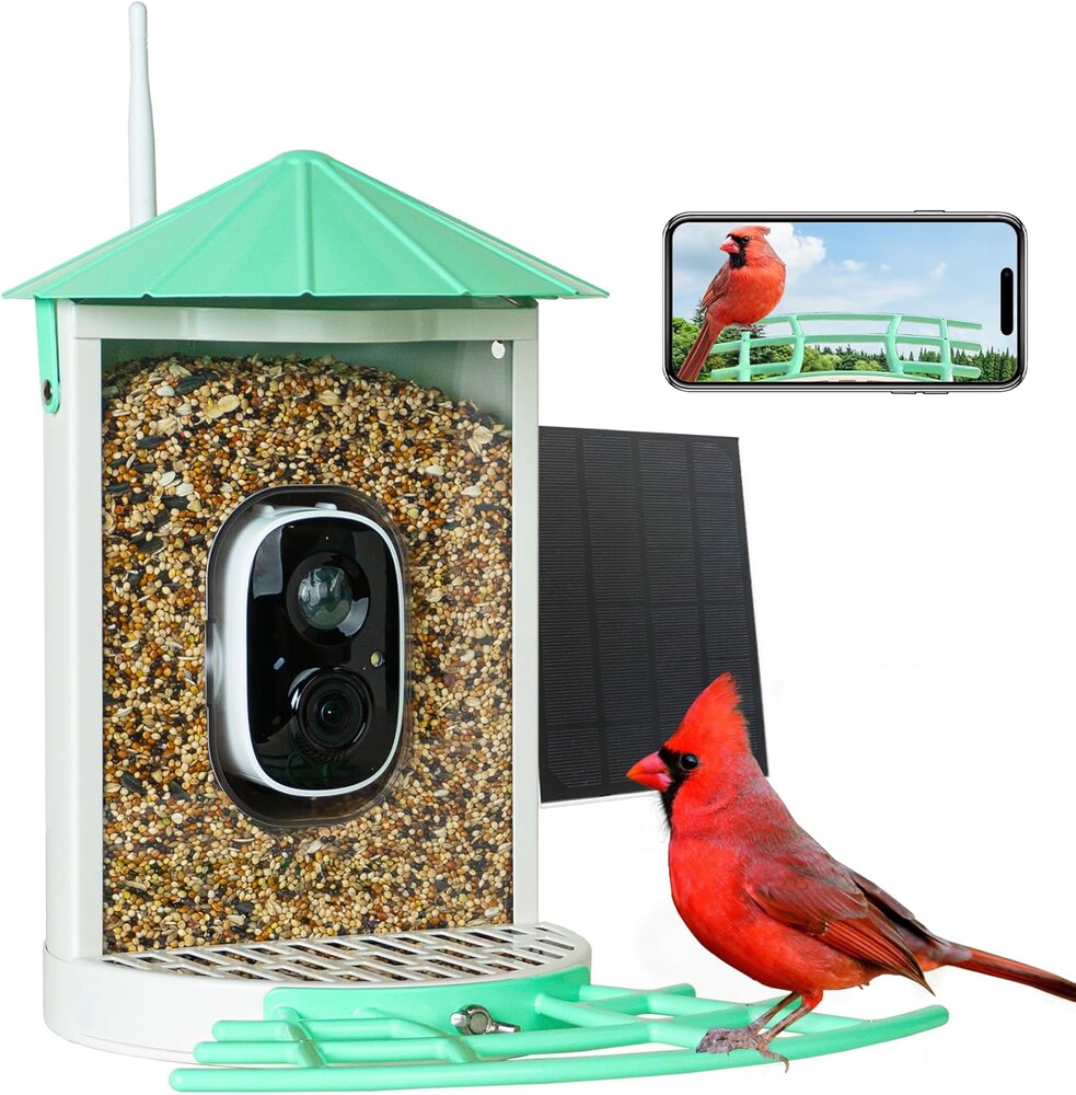 Birdkiss Smart Bird Feeder with Camera Solar, Auto Capture Bird Videos & Motion Detection, Birds Watching Camera Notify in Time, Metal Birds Feeder with Seed Guard, Ideal Present for Mom (Green)