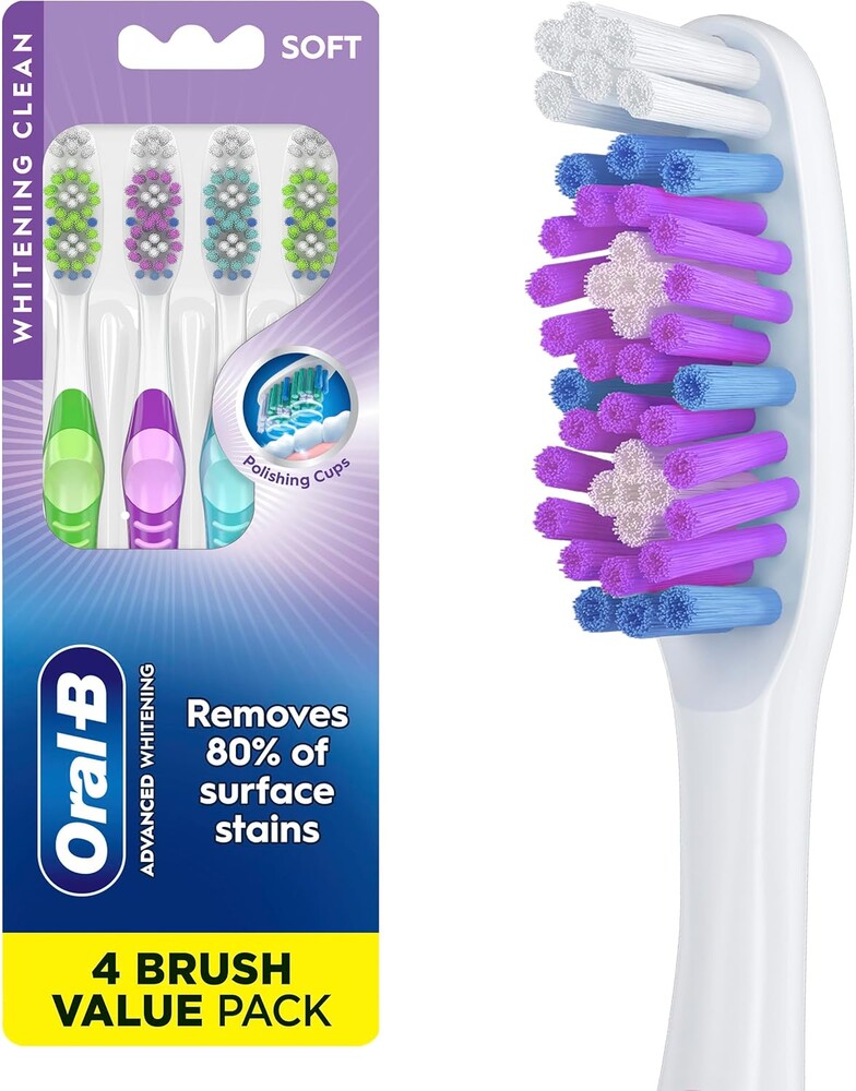 Oral-B 3D White Stain Eraser, 4 Count Soft Manual tootbrush Pack, Removes Stains, Whitens Teeth, Tongue and Cheek Cleaner