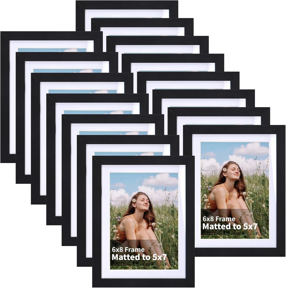 EYMPEU 5x7 Picture Frames with Mat Black Wood Set of 15, Display 5 by 7 Photos with Mat or 6x8 Photos without Mat, Multi Matted Frames Bulk for Wall, Table Top