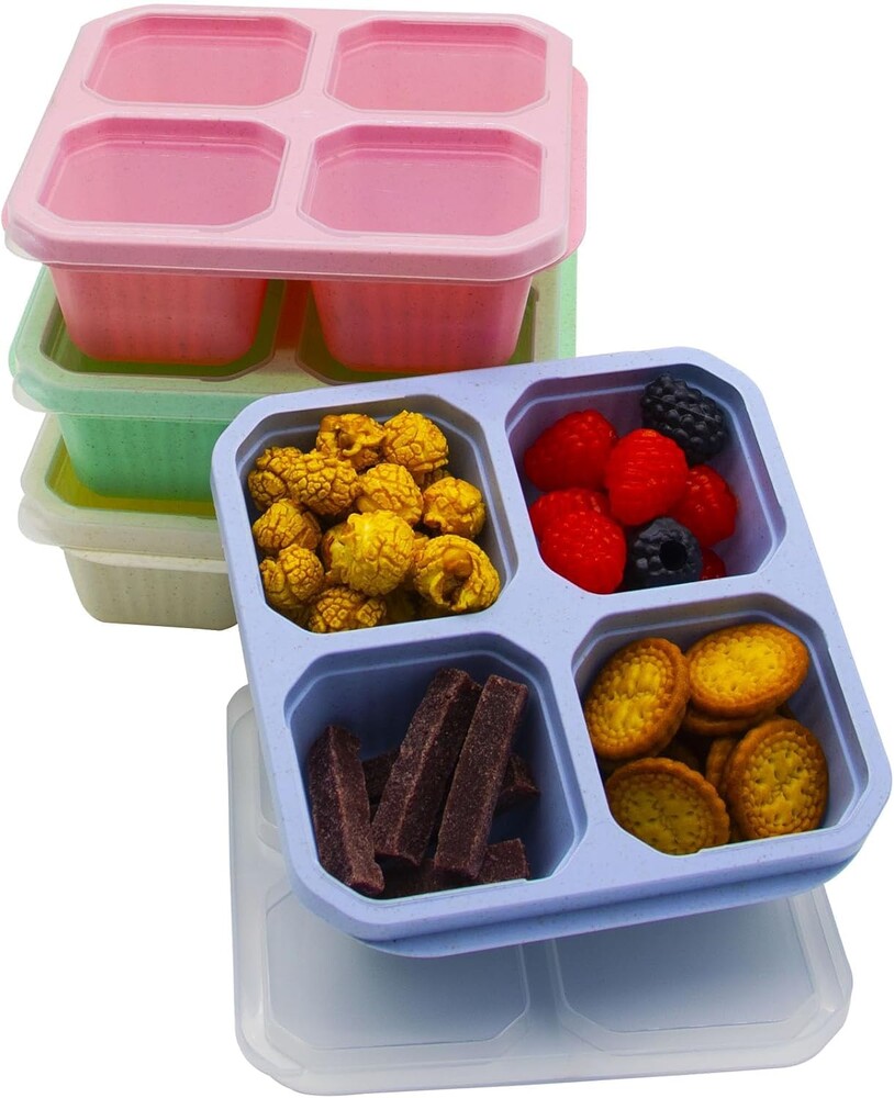 4pcs Snack Box Container Set, Square Lunchable Divided Snack Containers, Bento Boxes with 4-Compartment, Food Storage Containers for School, Work, Travel