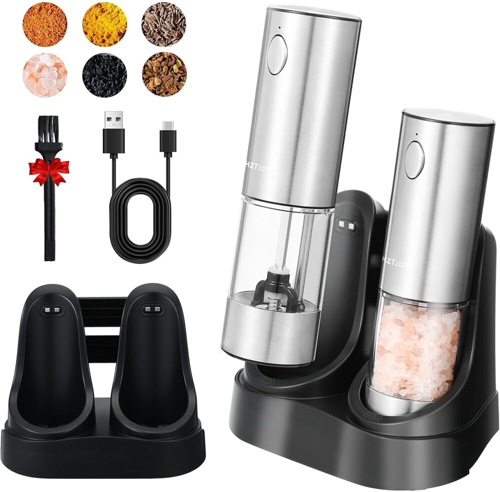 Electric Salt and Pepper Grinder Set with Charging Base - One Handed Automatic Spice Mill, Adjustable Coarseness Pepper Grinder, LED Light, Stainless Steel for Modern Kitchen & BBQ