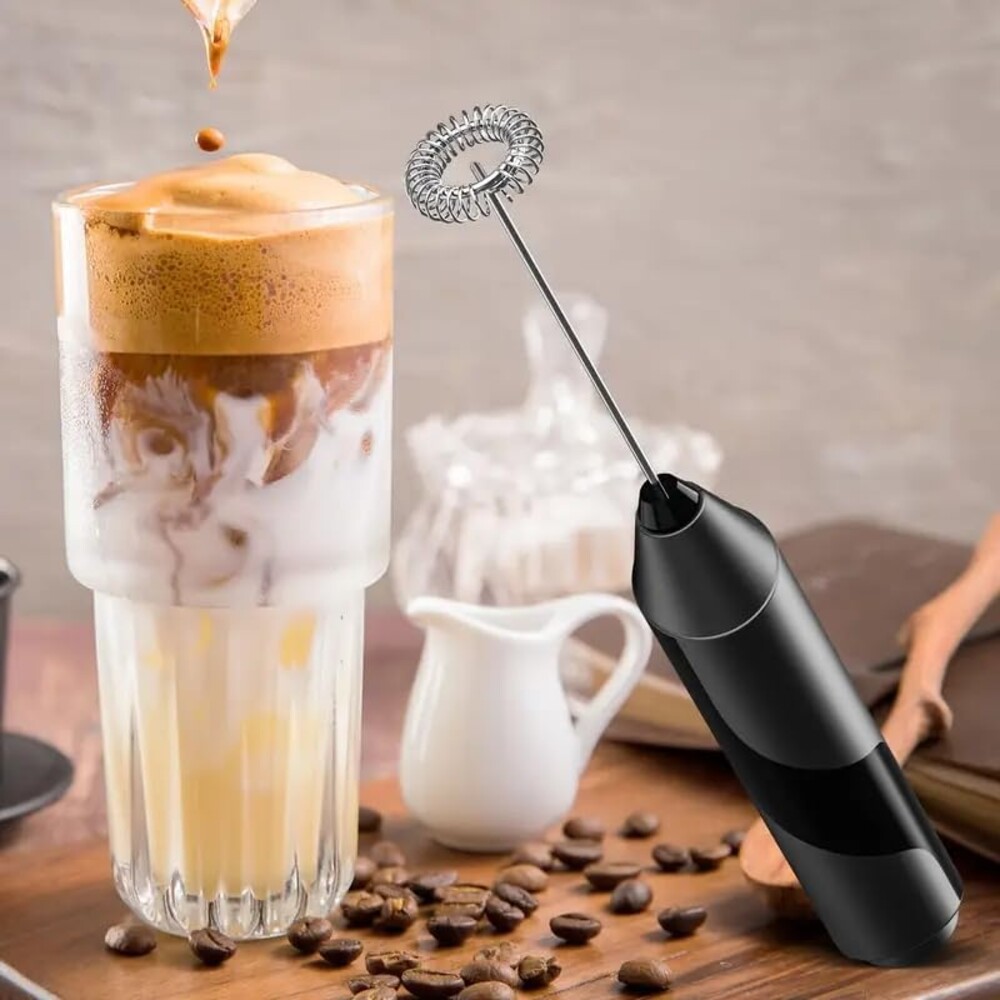 Powerful Milk Frother for Kitchens, Fast Handheld Drink Mixer with Stainless Steel Whisk, Hand Frother Stirrer Wand (Black)
