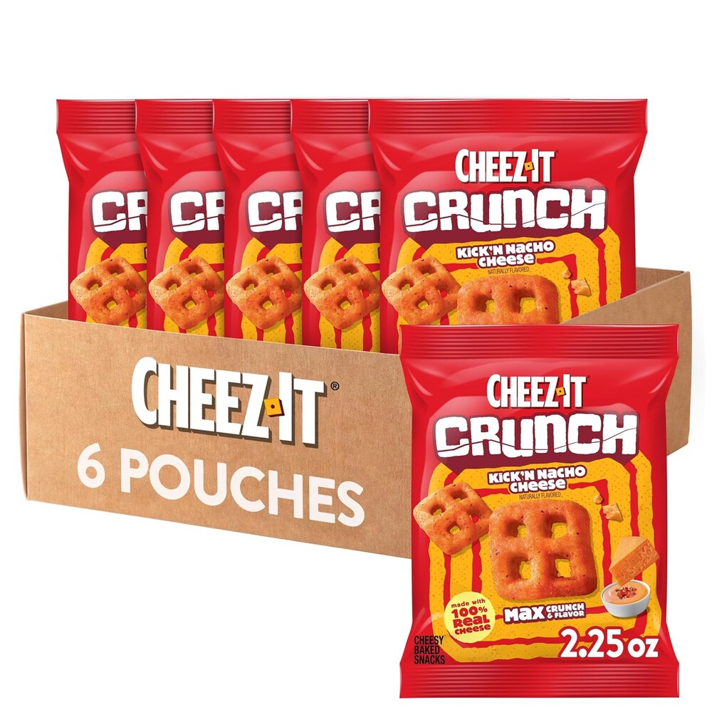 Cheez-It Crunch Cheesy Baked Snacks, Lunch Snacks, Kick'n Nacho Cheese (6 Pouches)