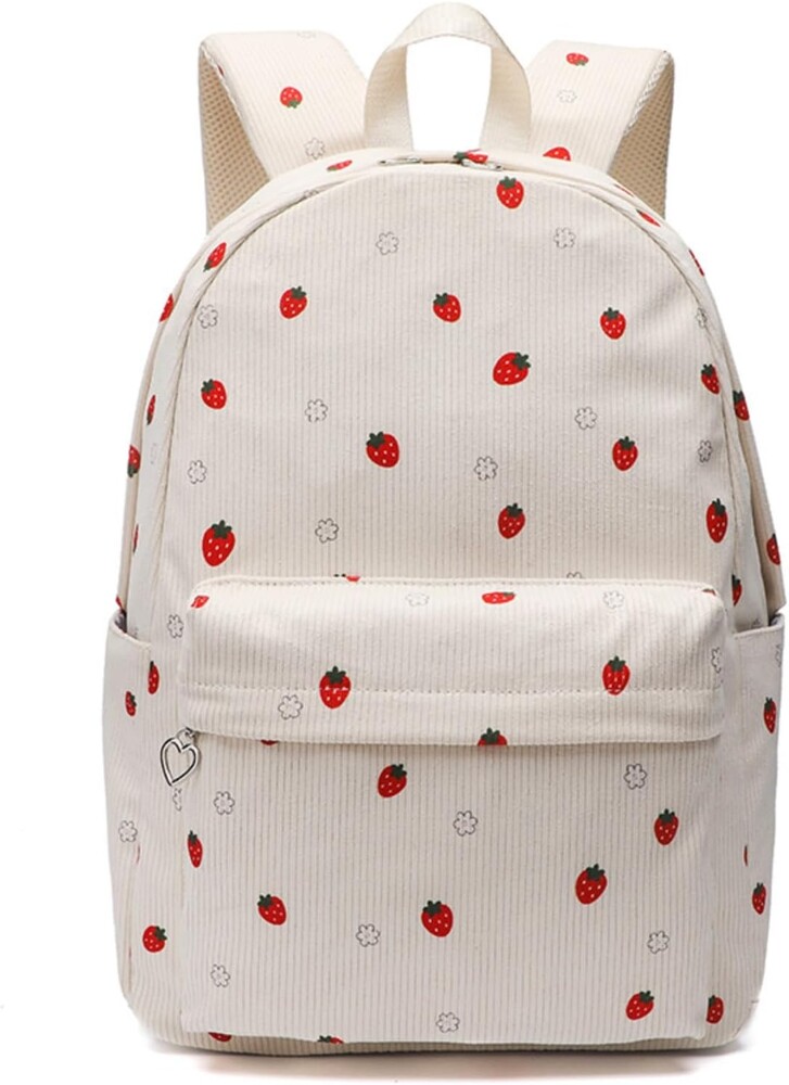 Kawaii Corduroy Backpack for Women Cute Floral Print Aesthetic Travel Book Bag Coquette Preppy College Laptop Daypack (Red Strawberry)