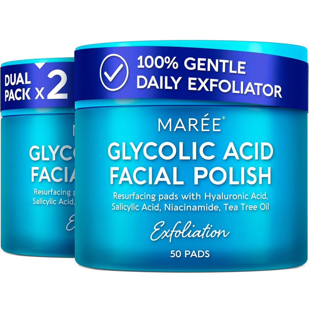 MAREE Glycolic Acid Polishes 2 PACK - Toner Polishes for Face Cleansing - Tea Tree Oil, Salicylic Acid & Vitamins E, B3, B5 - Facial Peel & Radiance Deep Cleaning Effect