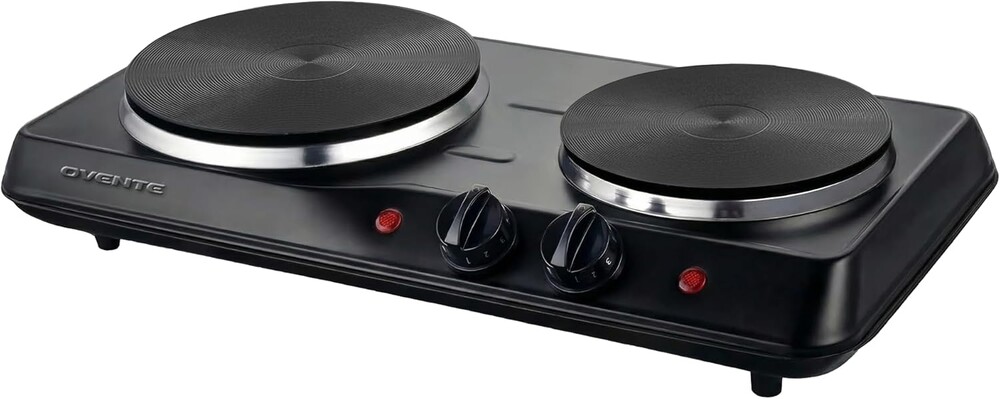 OVENTE Electric Countertop Double Burner, 1700W Cooktop with 7.25" and 6.10" Cast Iron Hot Plates, Temperature Control, Portable Cooking Stove and Easy to Clean Stainless Steel Base, Black BGS102B
