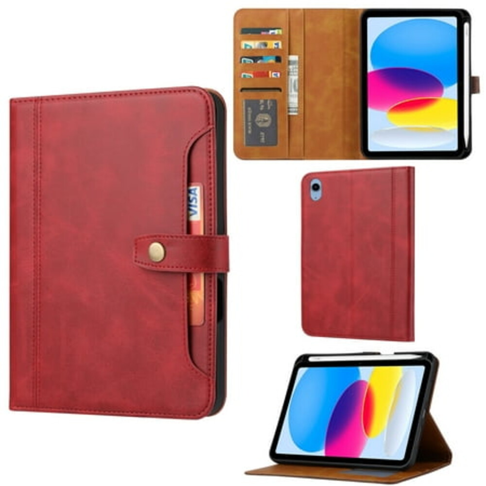TECH CIRCLE for iPad 11" (A16) 2025, iPad 10.9" (10th Gen) 2022 Release Smart Folio Case, Auto Sleep Wake, Built-in Stand, Pencil Holder, Card Slots, Cash Slots, Classic PU Leather Flip Cover, Red