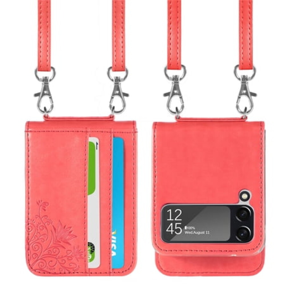 Nice Butterfly Case for 2021 Samsung Galaxy Z Flip 3 5G (6.7-Inch) Android Cell Phone - Lightweight Slim Synthetic Leather Case with Removal Adjustable Shoulder Strap & Card Holders (Red)