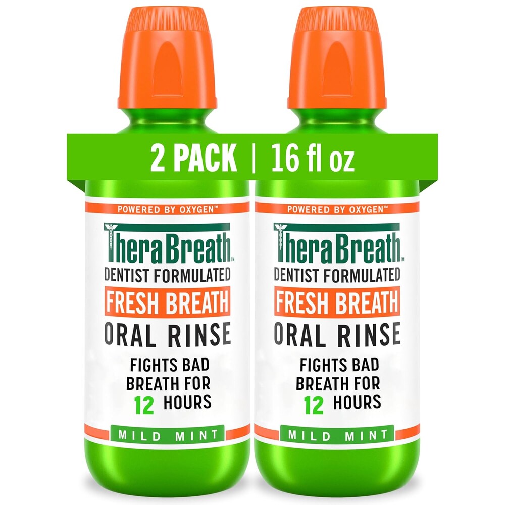 TheraBreath Fresh Breath Mouthwash, Mild Mint Flavor, Alcohol-Free, 16 Fl Oz (2-Pack)