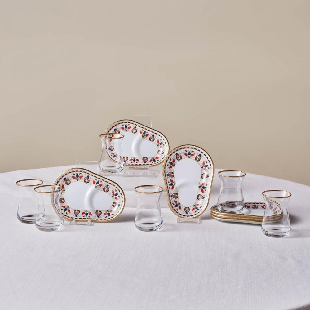 KARACA Tulip 12-Piece Turkish Tea Glass & Saucer Set 132 ml – Multicolour Elegant Design
