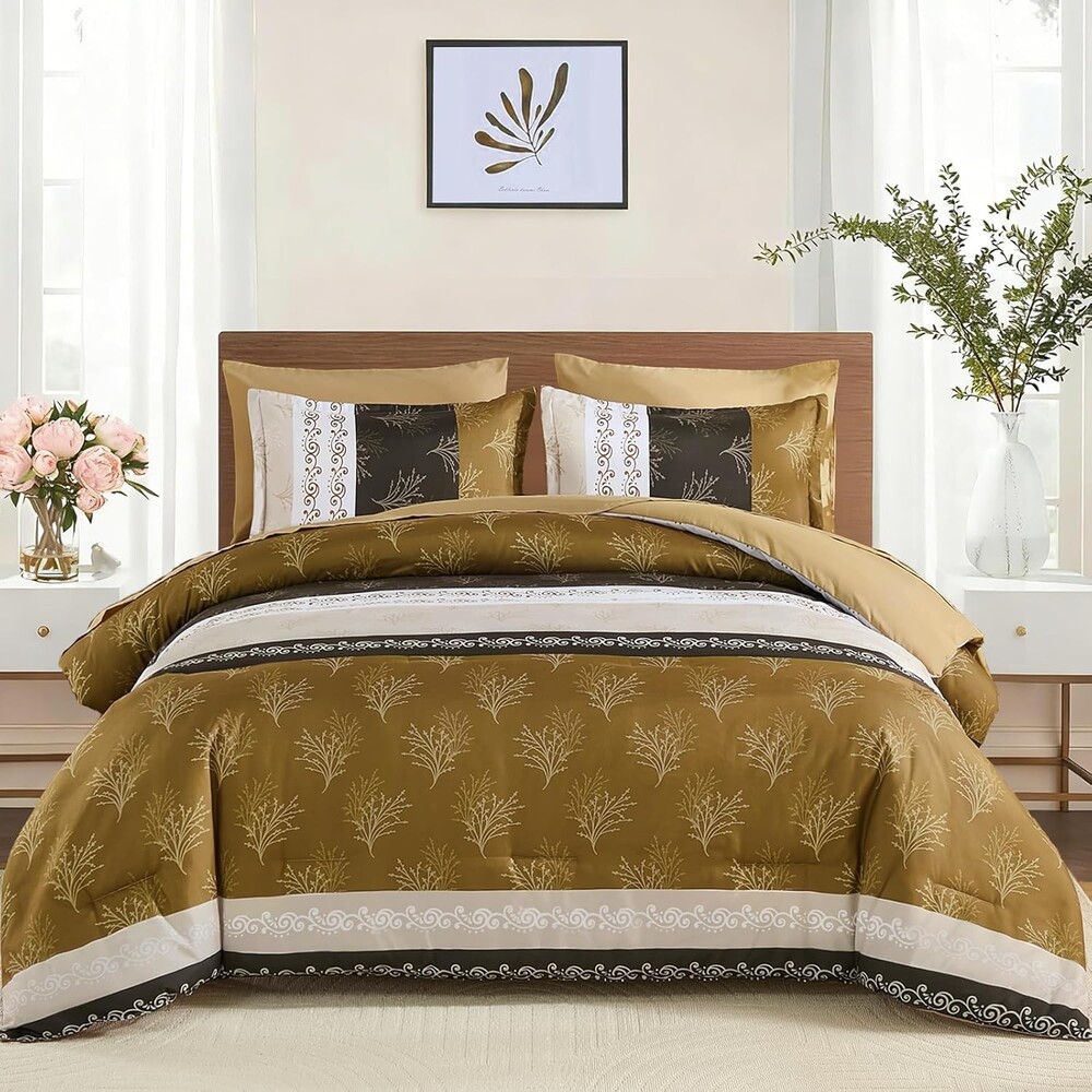 DJY Boho Comforter Set King Size, Brown Striped Bed in a Bag 7 Pieces Comforter with Sheet Set, Soft Microfiber Reversible Bedding Set for All Season(104''x90'')