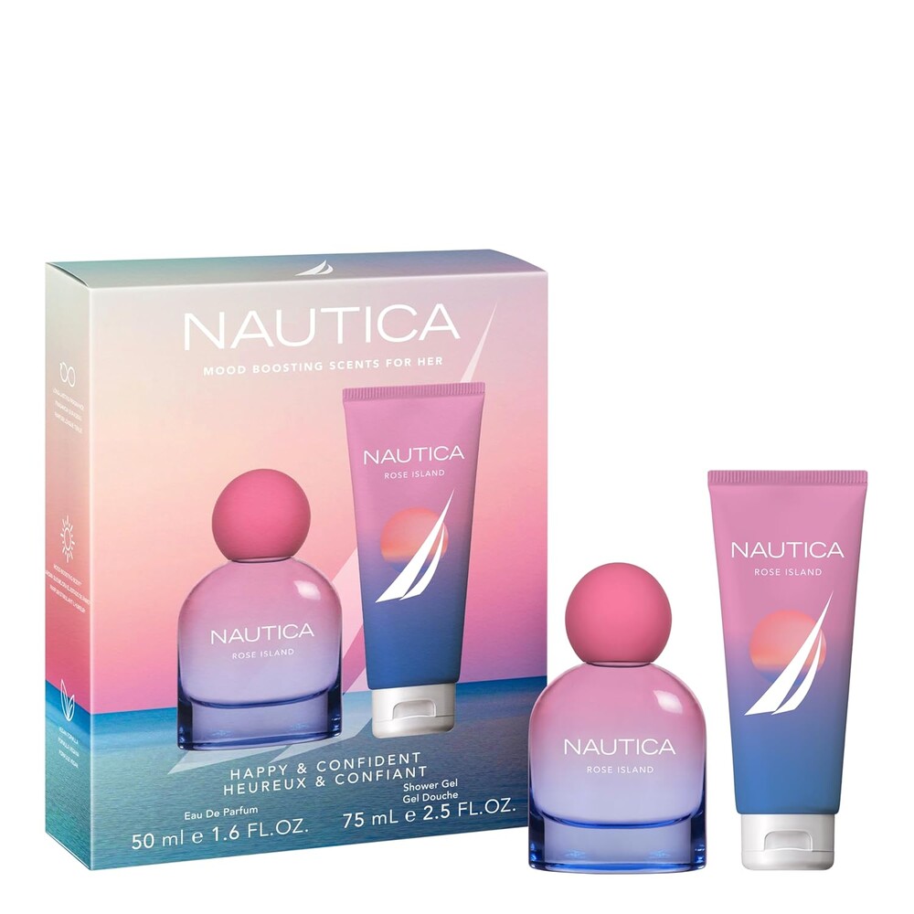Nautica for Her Rose Island Giftset, 1.6 fl oz EDP + 2.5 fl oz Shower Gel, Notes of Lemon, Rose, and Musk, Women's Fragrance, Long Lasting, Mood-Boosting Fragrance, Vegan Formula