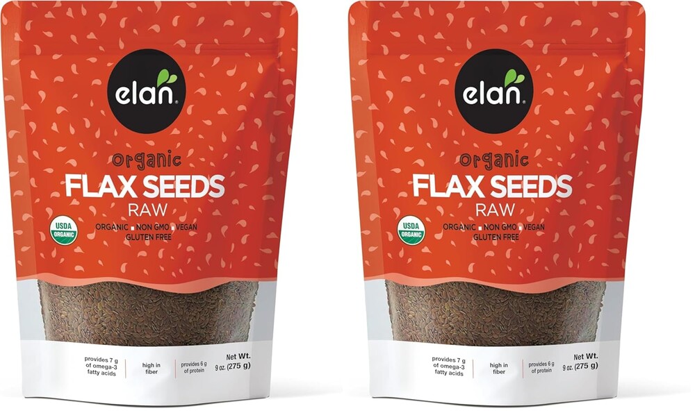 Elan Organic Flax Seed, 9.7 oz, Whole Seeds, Raw Seeds, Non-GMO, Vegan, Gluten-Free, Kosher, High in Fiber, Gels Easily (Pack of 2)