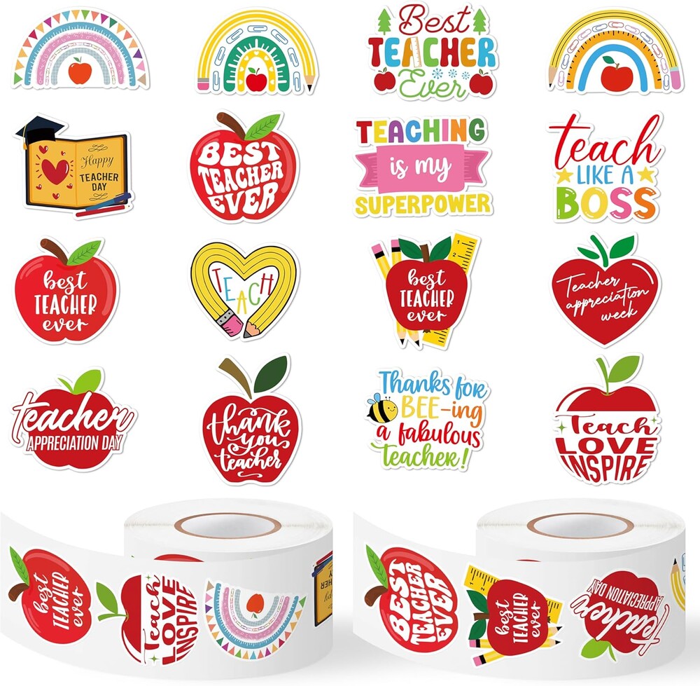 Teacher Appreciation Week Stickers - 1000 Pcs Happy Teachers' Day Waterproof Vinyl Reusable Laptop Stickers Coloring Book Scrapbook Water Bottle Page Activity Pad Party Favors Kids Skateboard