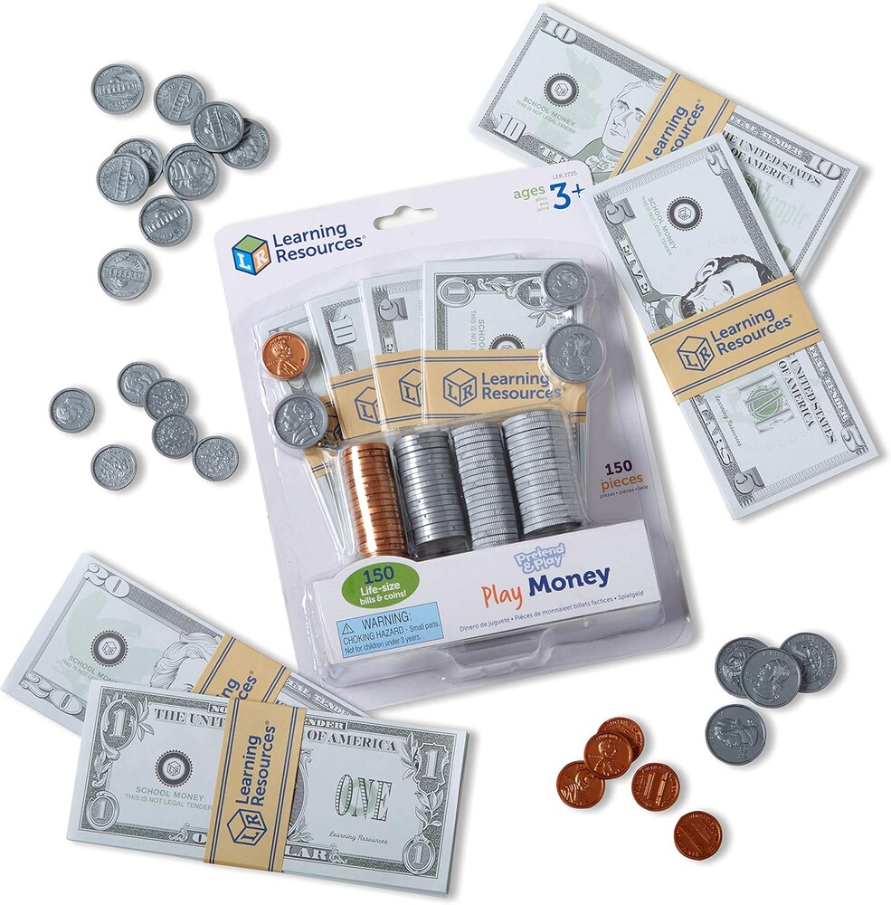 Learning Resources Pretend Play Money - Math Manipulatives For Kids, Kids Bank, Plastic Coins, Cash Register, Toddler , Homeschool Supplies, Fine Motor Skills, Teaching Set Manipulatives
