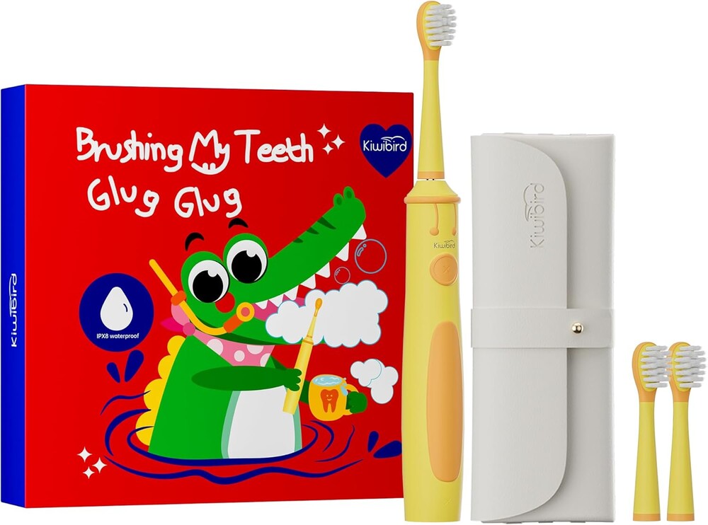 KIWIBIRD Kids Electric Toothbrush for Ages 3–10, Toddler Sonic Toothbrush with 4 Modes & Soft Silicone Bristles, 2-Min Timer Pressure Sensor, 45-Day Rechargeable Battery, Waterproof (Yellow)
