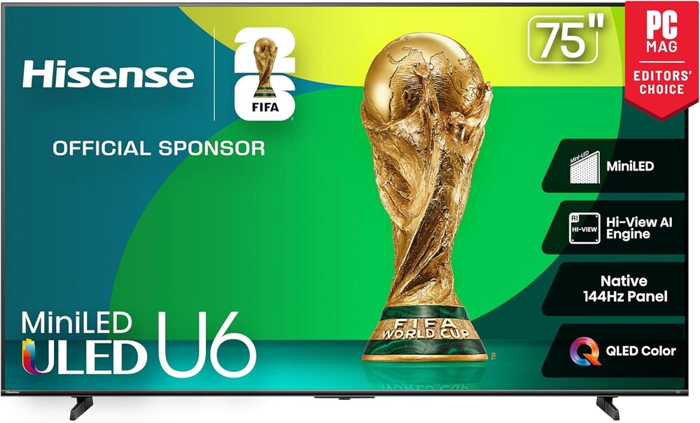 Hisense 75" Class U6 Series Mini-LED 4K UHD Smart Fire TV (75U65QF, 2025 Model) - QLED, HDR10+, Native 144Hz, Dolby Vision IQ, Dolby Atmos, Game Mode Pro, ALLM, Alexa Built in, Black