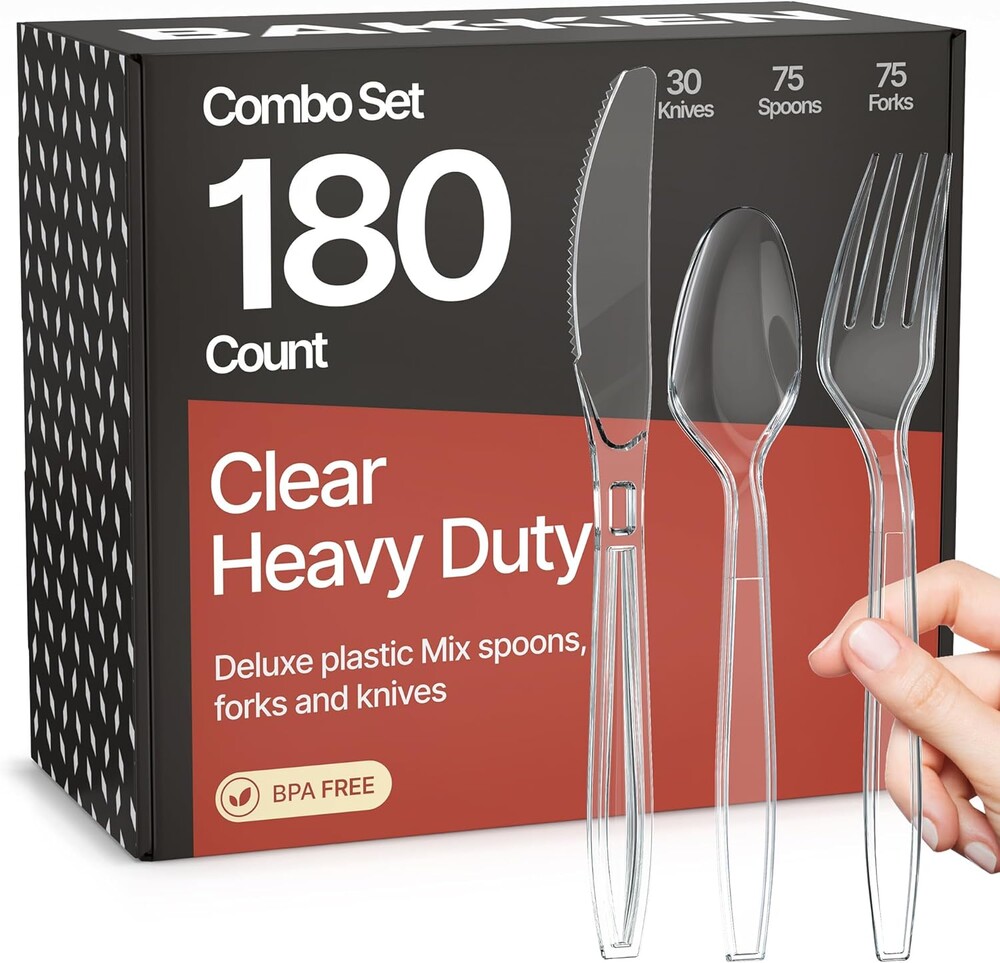 Bakken Disposable Cutlery Set 180 Pieces of Forks, Knives & Spoons, Heavy Duty Plastic Silverware, BPA-Free Food-Grade Materials, Heat-Resistant, Reusable Utensils for Parties and Everyday Use, Clear
