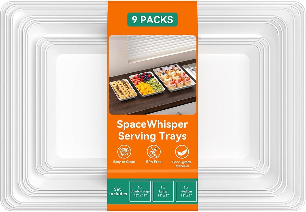 SpaceWhisper 3 Pack Serving Tray, White Rectangular Appetizer Platters for Party, Catering, Buffet, Large Reusable Serving Dishes for Snacks, Fruit, Dessert, 3 Size Set 16 * 11", 14 * 9", 12 * 7"