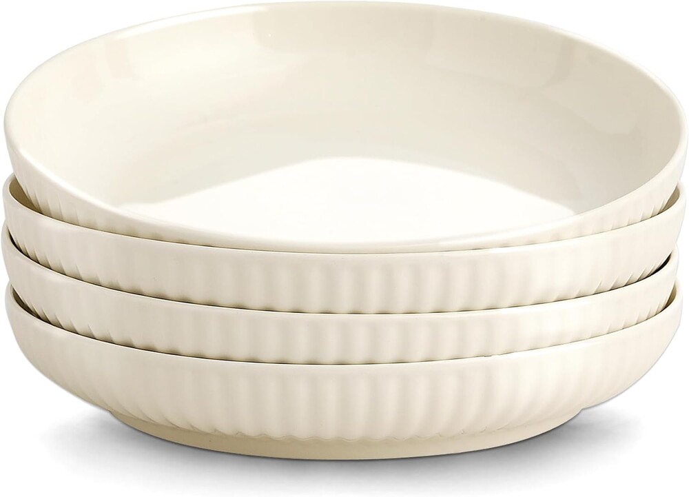 Ceramic Pasta Bowls Set of 4-28oz, Serving Salad, Soup Bowls For Kitchen Shallow Dishes Dinner Bowl, Microwave & Dishwasher Safe- Elegant Cream Color, 8.3in