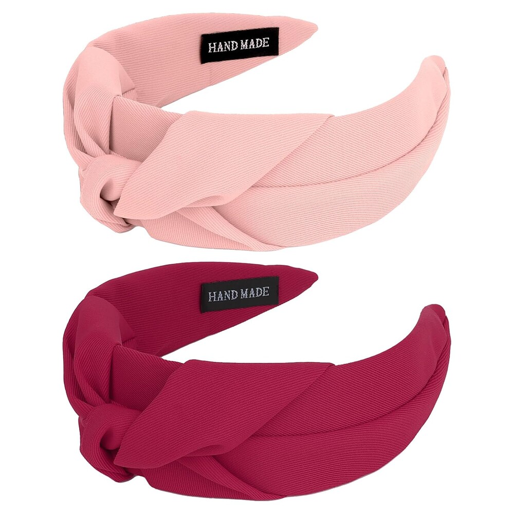 2Pcs Pink Knot Headbands Satin Headbands Top Knot Head bands for Women Non Slip Hairbands Fashion Wide Knotted Head bands