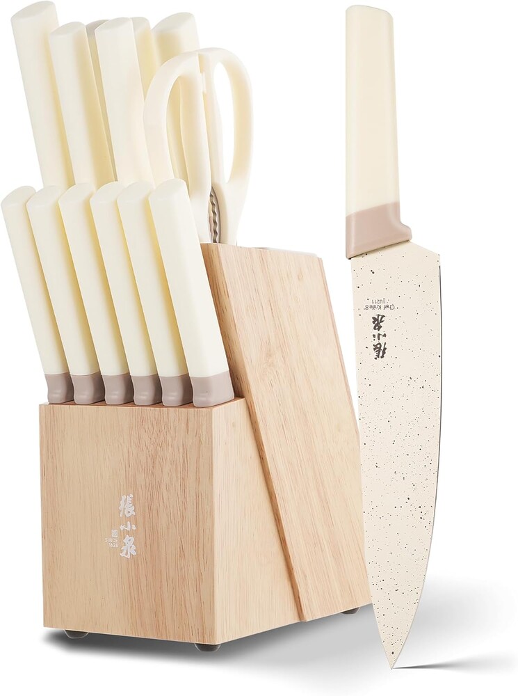 ZHANG XIAO QUAN Knife Set with White Block, High Carbon Stainless Steel Sharp Blades, Built-in Sharpener Kitchen Knife Block Set for Home Cooking