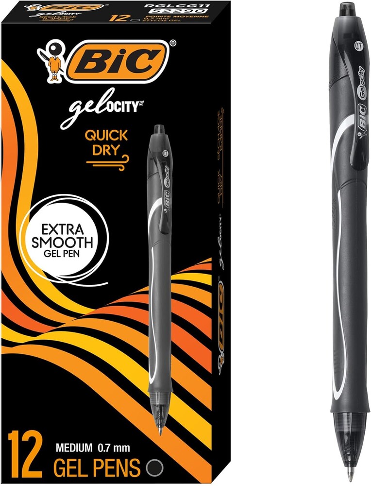 BIC Gelocity Quick Dry Black Gel Pens, Medium Point (0.7mm), 12-Count Pack, Retractable Gel Pens With Comfortable Full Grip