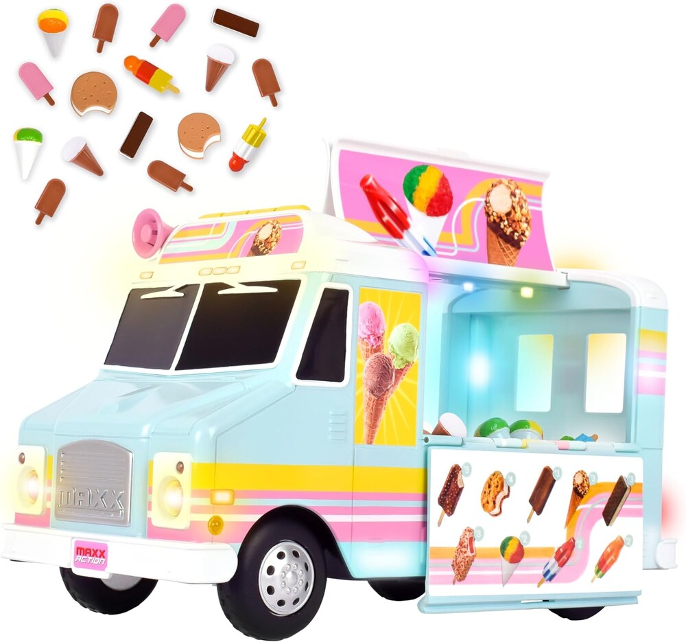 Maxx Action 12” Ice Cream Food Truck, Lights and Sound, Includes 16 Pieces with Miniature Food, Imaginative Food Play for Girls and Boys 3+