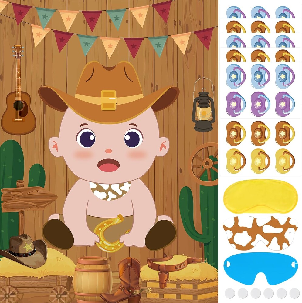 Pin the Pacifier on the Cowboy Party Games Western Party Game Large Western Baby Shower Game Poster with 36 Pacifier Stickers for West Baby Shower Party Game Decorations Cowboy Theme Birthday Decor