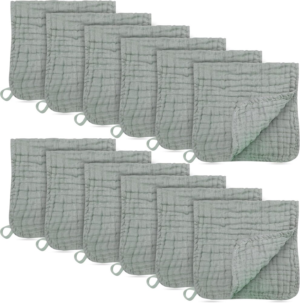 12 Pack Muslin Burp Cloths - Large 20" x 10", Ultra Absorbent 100% Cotton for Baby Drool and Messes - Soft, Gentle Baby Burp Rag for Boys & Girls -Green