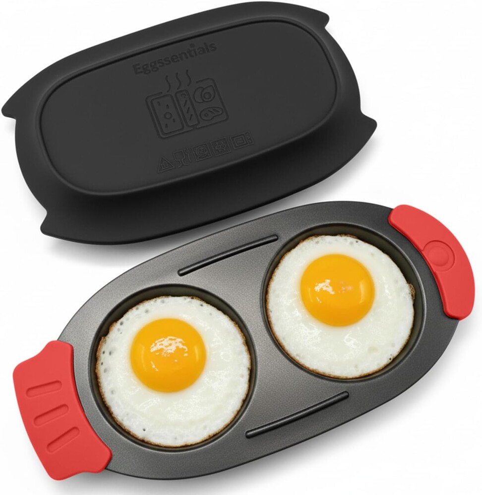 Eggssentials - Microwave Egg Cooker for 2 Eggs, Non-Stick Egg Maker with Silicone Lid, Easy Egg Cooker and Omelette Maker for Quick Breakfast, Durable and Easy to Clean Design, Black Color