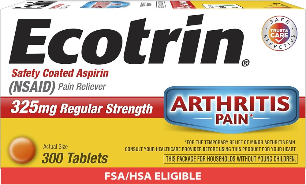 Ecotrin Regular Strength Aspirin, Arthritis Pain Relief, 325mg Regular Strength, 300 Safety Coated Tablets