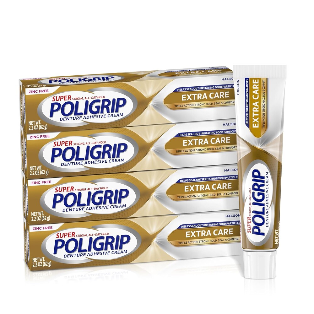 Super Poligrip Extra Care Denture Adhesive Cream, Zinc Free Denture Cream - 2.2 Ounce (Pack of 4)