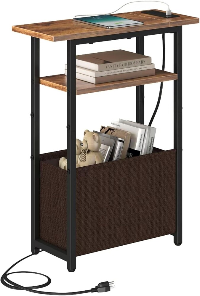 sthmec Narrow Side Table with Charging Station, Small End Table for Small Spaces, Skinny Nightstands with Storage Basket, 3 Tier Sofa Couch Bedside Tables for Living Room,Bedroom, Rustic Brown