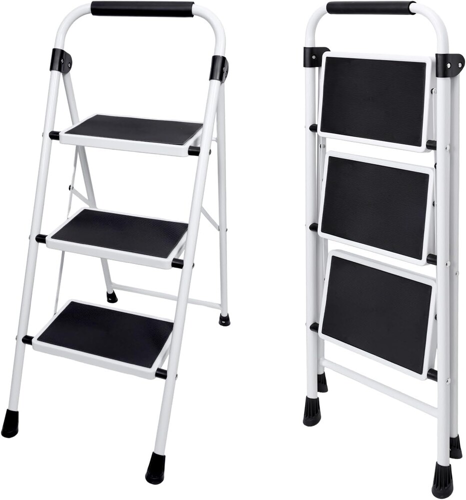 DUMOS Step Ladder, 3 Sturdy Step Stool with Anti-Slip Pedal & Comfortable Handrail, Portable Heavy Duty Step Stool for Kitchen, Garage & Outdoor Use, 330lbs, Black