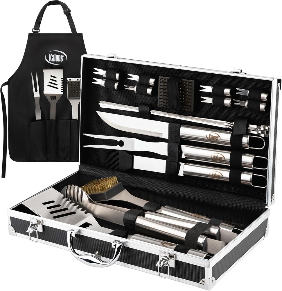 Kaluns Grilling Accessories, Dad Gifts for Fathers Day, Mothers Day Grilling Gifts, Heavy Duty Stainless Steel BBQ Tool Set for Outdoor Grill with Aluminum Case and Apron, Birthday Gifts for Men