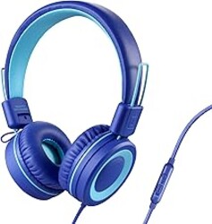 POWMEE P10 Kids Stereo Headphones with Microphone for Children Boys Girls,Adjustable 85dB/94dB Volume Control Foldable On-Ear Headphone for School/PC/Cellphone(Blue)