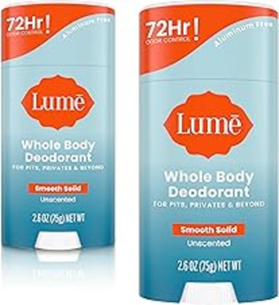Lume Whole Body Deodorant - Smooth Solid Stick - 72 Hour Odor Control - Aluminum Free, Baking Soda Free and Skin Safe - 2.6 Ounce (Pack of 2) (Unscented)