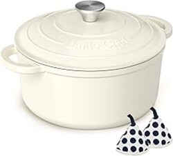 Enameled Cast Iron Dutch Oven - Umite Chef 5QT Pot with Lid & Cotton Potholders - Heavy-Duty Cookware for Bread Baking, Braising, Stews, Roasting(Cream White)