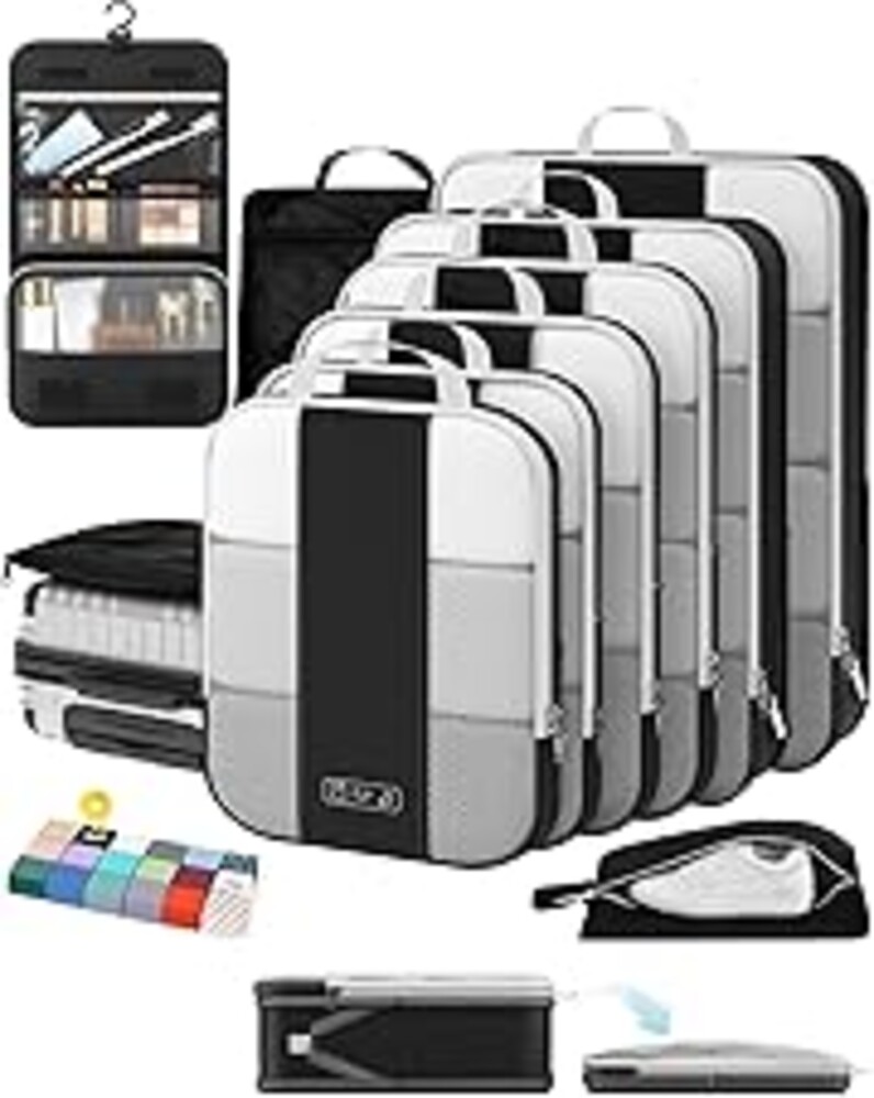 10 Set Compression Packing Cubes for Travel Essentials,Compressible Expandable Packing Cubes for Suitcase,OlarHike Luggage Organizer Bags for Travel,Handy Helper for Organizing Clothes(Black)