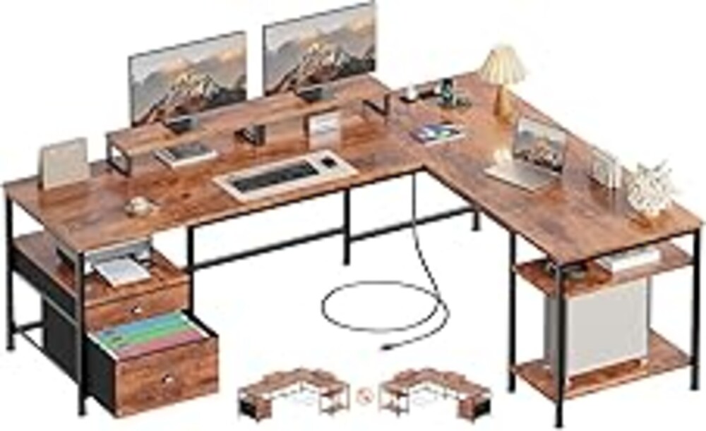 Furologee 66” L Shaped Desk with Power Outlet, Reversible Home Office Desk with File Drawer, 2 Monitor Stands, Storage Shelves, Corner Computer Table for Gaming, Writing, Rustic Brown