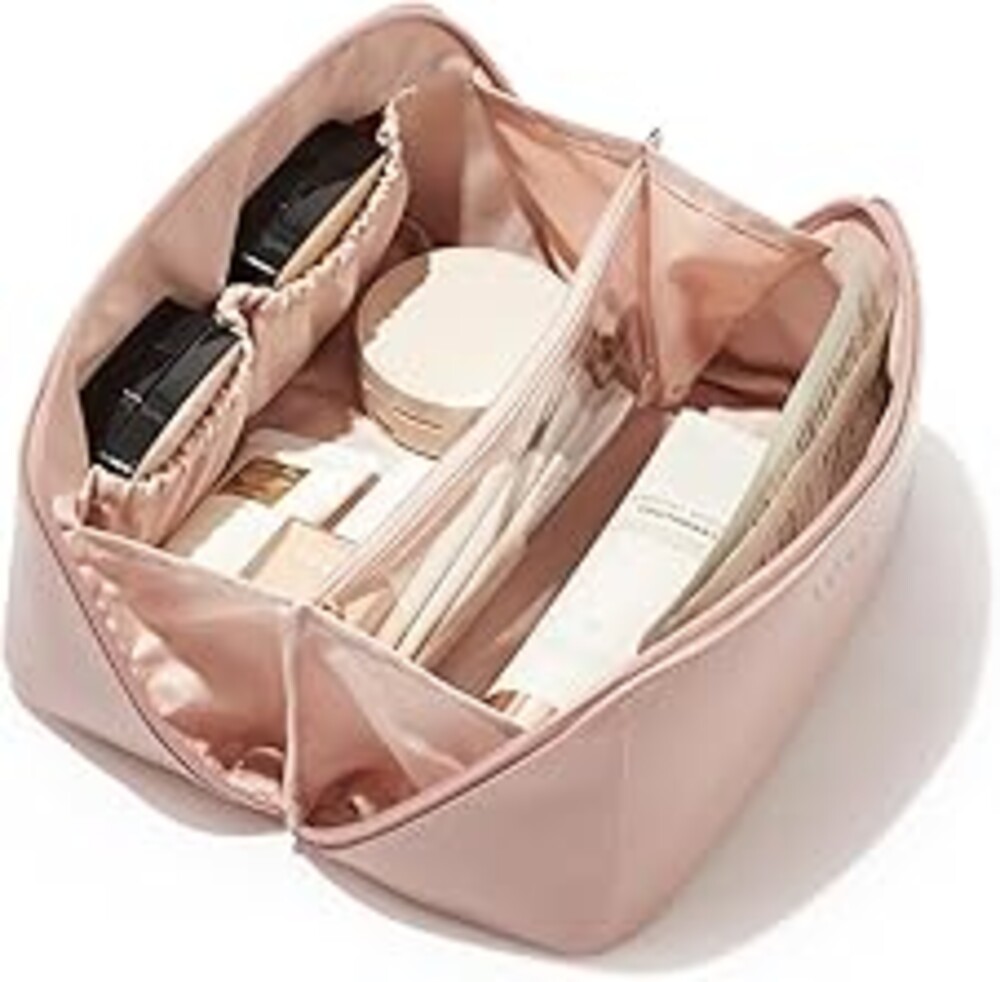 EACHY Travel Makeup Bag, Large Capacity Cosmetic Bag for Women, Waterproof PU Leather, Flat Open Portable Toiletry Bag for Skincare, Brushes & Travel Essentials
