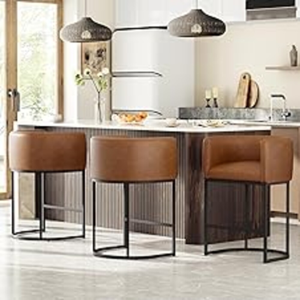 VATROS 26" H Counter Height Bar Stools Set of 3, Modern Barrel Counter Stools with Backrest and Arms, Faux Leather Upholstered Accent Barstools for Kitchen Island,Support 450 LBS (Walnut Brown