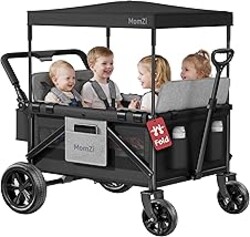 MomZi 4 Seater Wagon Stroller for Kids, Collapsible Wagon Stroller with Removable Canopy, Foldable Stroller Wagon with Seat and Storage Pocket for Baby Toddlers Black