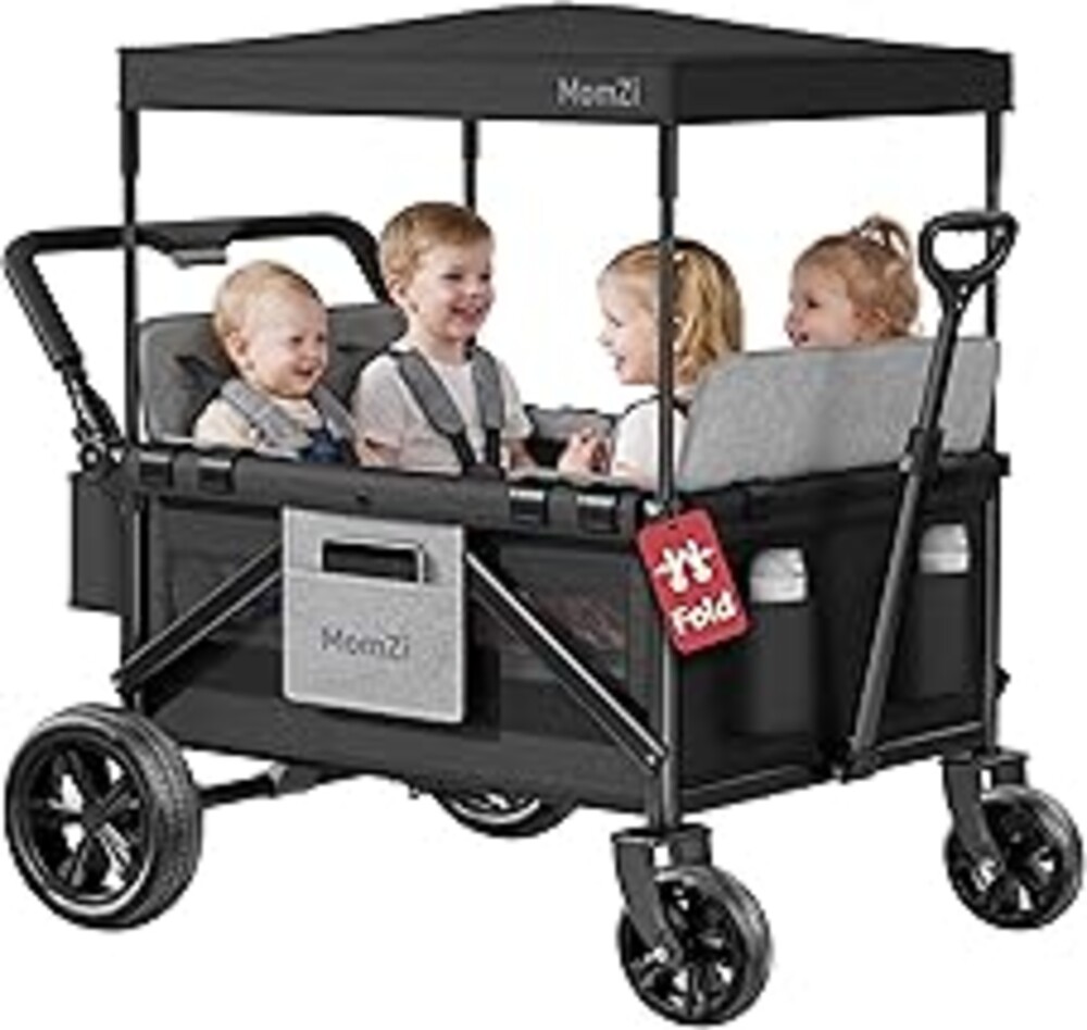MomZi 4 Seater Wagon Stroller for Kids, Collapsible Wagon Stroller with Removable Canopy, Foldable Stroller Wagon with Seat and Storage Pocket for Baby Toddlers Black