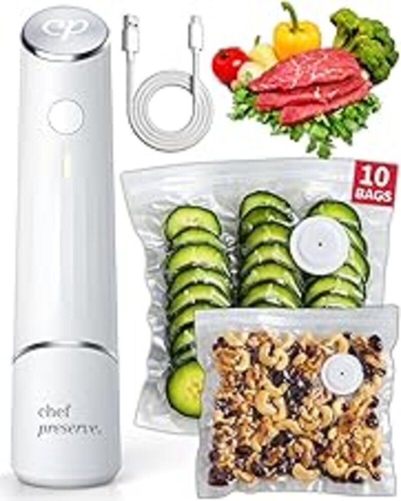 Chef Preserve Compact Vacuum Sealer for Food (Vacuum Sealer Machine + 10 Reusable Vacuum Bags) Powerful Handheld Vacuum Sealer Machine, Seal Meal Saver, Portable Food Sealer