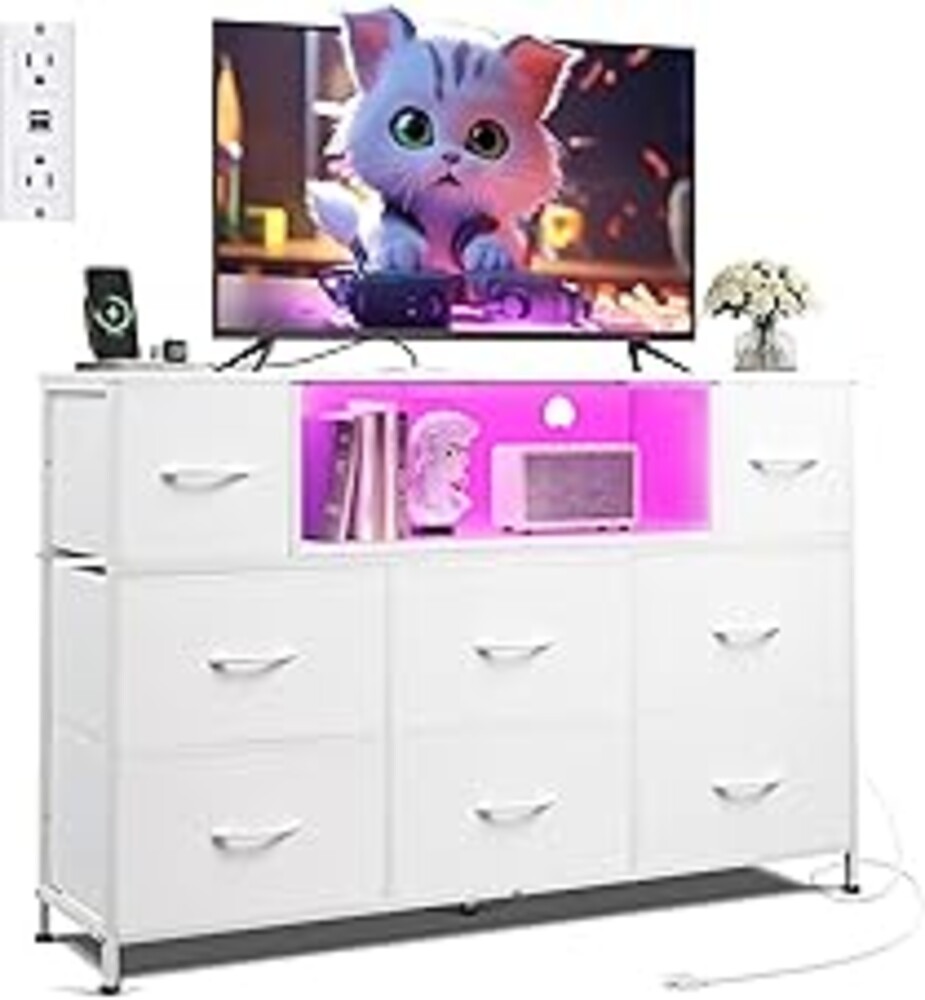 WLIVE White Dresser TV Stand for 45, 50, 55 inch TV, Entertainment Center with LED Lights & Charging Station, Chest of Drawers with 8 Fabric Drawers and Open Shelves for Living Room, Hallway, Wood Top