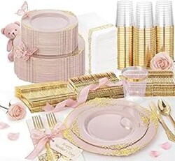 Nervure 350PCS Pink Plastic Plates - Pink Plastic Dinnerware Sets for 50 Guests - 100 Disposable Plates, 150 Gold Silverware, 50 Cups, 50 Napkins Perfect for Wedding & Party & Mothers Day